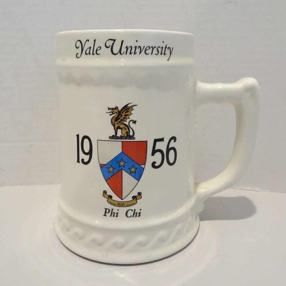 Yale University 1956 Phi Chi Crest Tankard Mug 6" Tall 6" Wide Vintage Stein